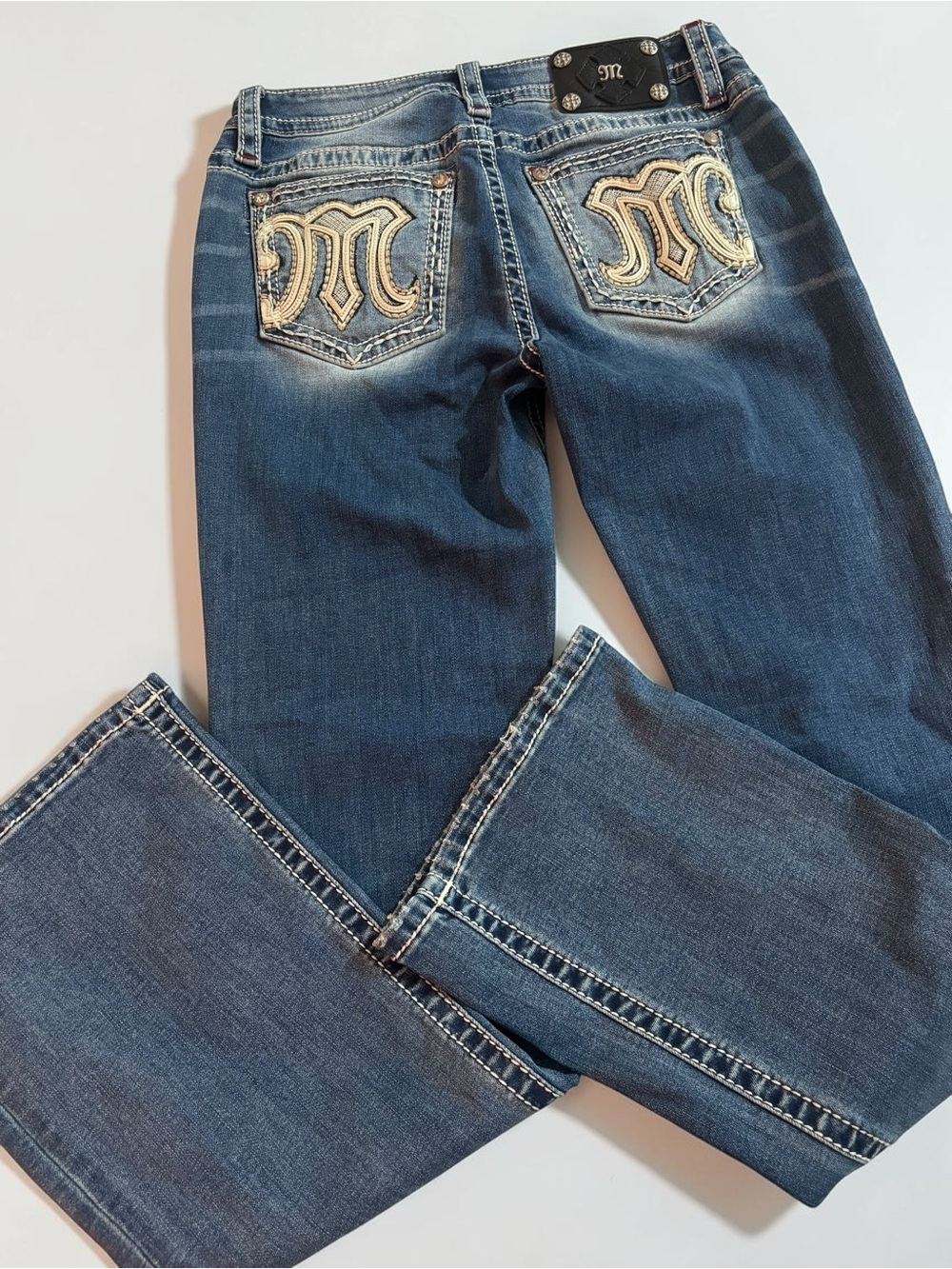 Y2K Miss Me Mid Rise Bootcut Jeans Bedazzled Embroidered Pockets Size 29